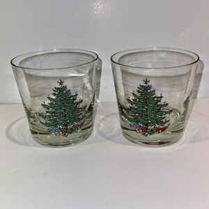 Vintage Christmas Tree Print Low Ball Whiskey Glasses 3.25” EUC FLAWED READ